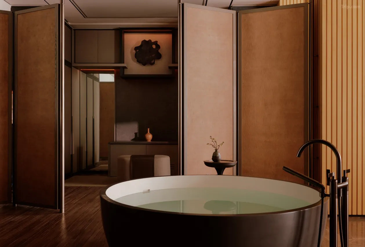 Aman Nai Lert Bangkok bathroom with soaking tub, warm wood, minimalist Thai design