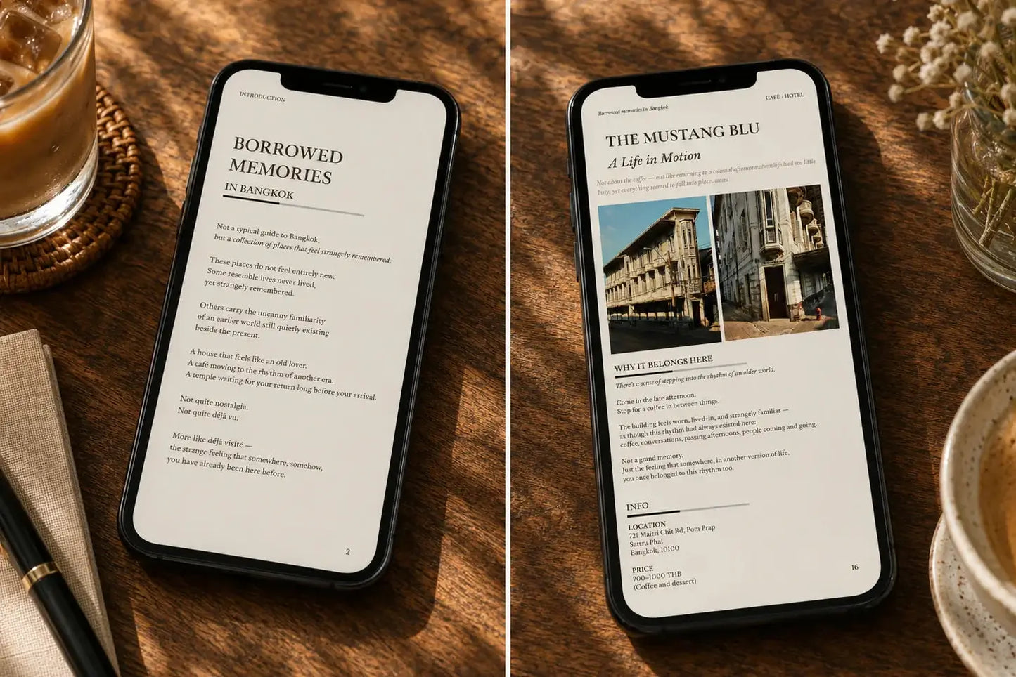 Bangkok travel guide displayed on mobile phone, featuring pages about cafes and heritage in Bangkok.