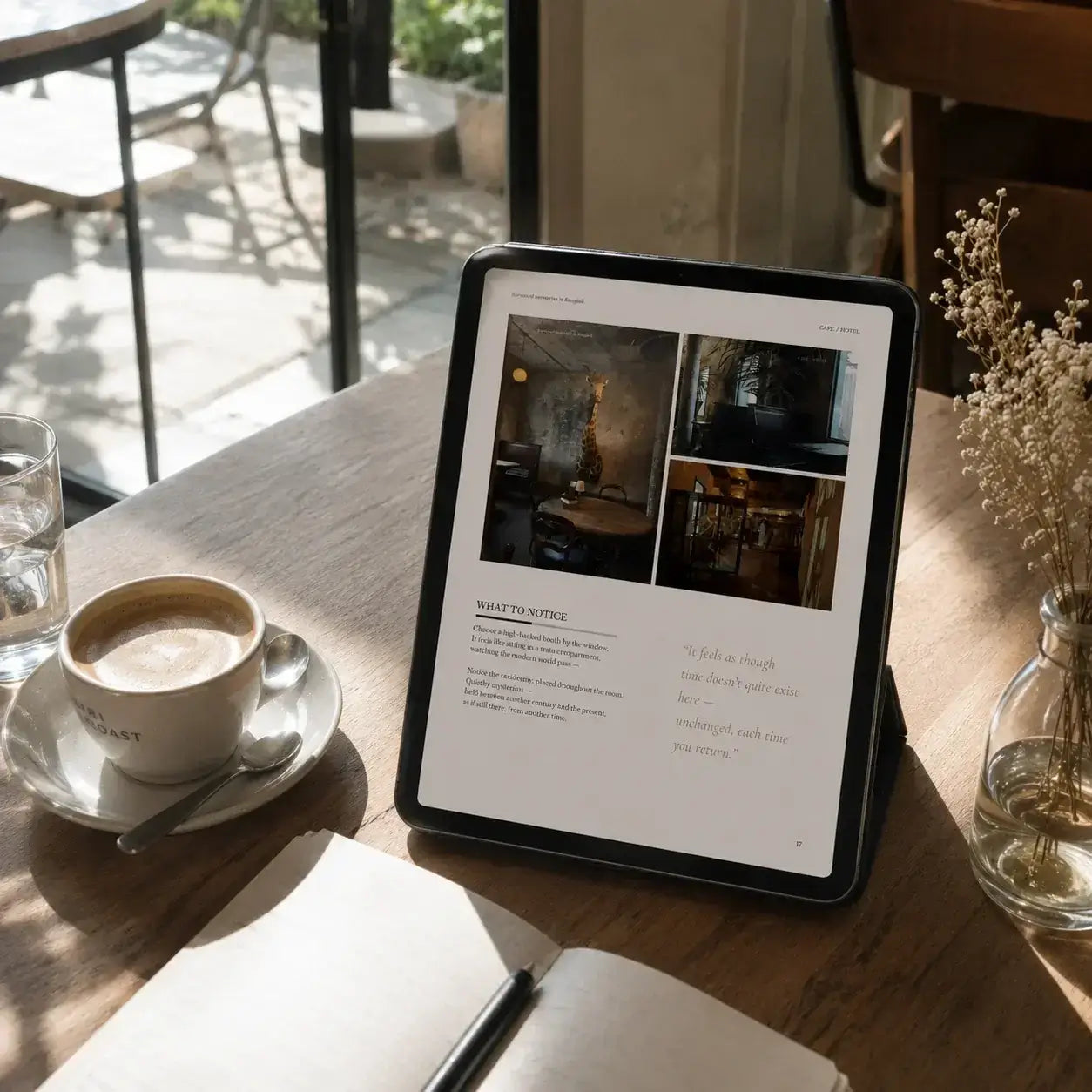 Bangkok travel guide displayed on a tablet with coffee and a notebook on a wooden table.