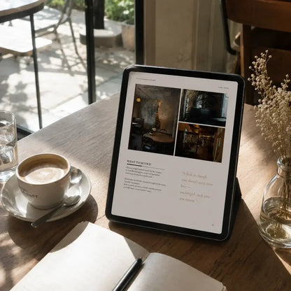 Bangkok travel guide displayed on a tablet with coffee and a notebook on a wooden table.