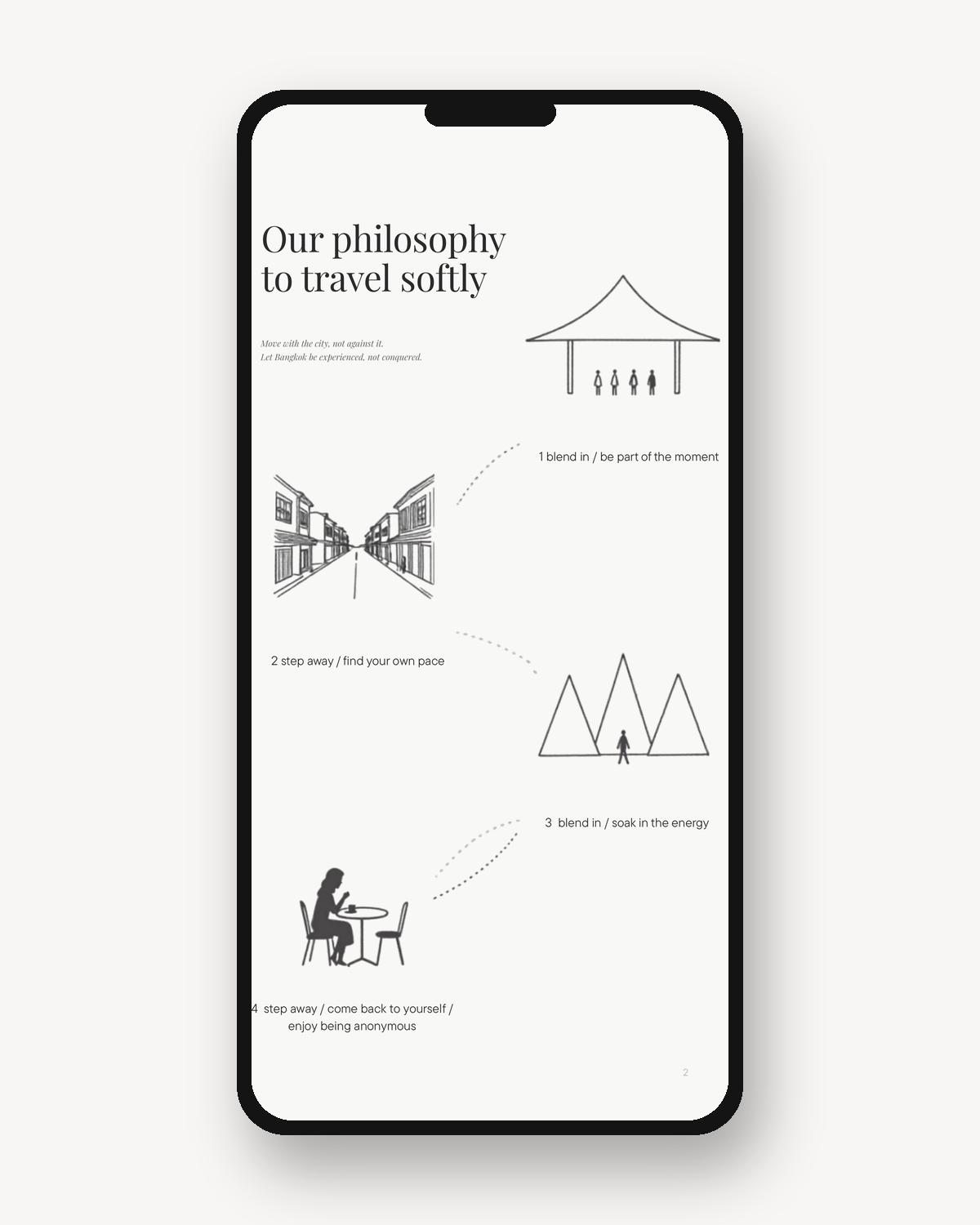 Our philosophy to travel softly, an illustrated page from the Softer Days in Bangkok guide
