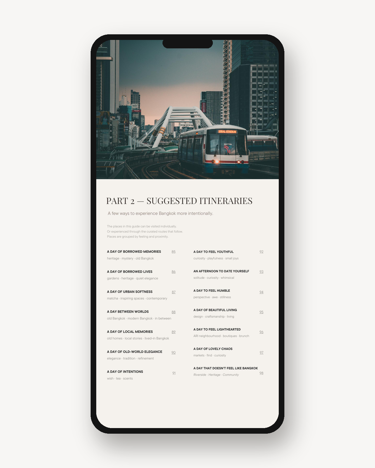 Suggested Itineraries section from Softer Days in Bangkok, listing 14 mood-based one-day routes